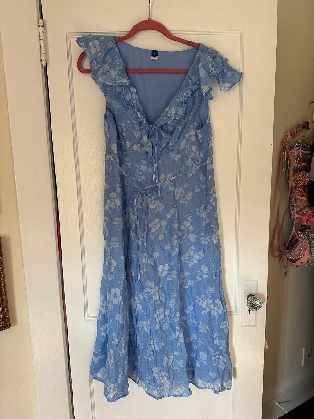 Light Blue Floral Midi Dress with Ruffle V-Neck old navy